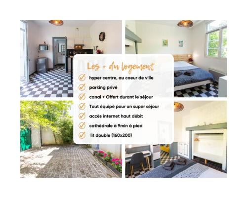 un collage de photos d'une chambre avec un panneau dans l'établissement T2 Hyper Centre Avec *Parking Privé Et Canal Plus*, à Amiens