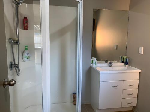 a bathroom with a shower and a sink at Hamilton Holiday House in Hamilton