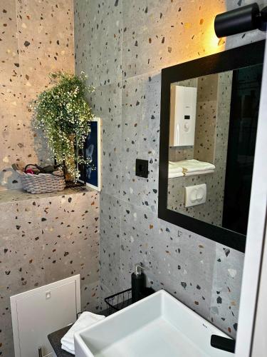 W łazience znajduje się umywalka i lustro. w obiekcie Sara Apartment w mieście Strumica