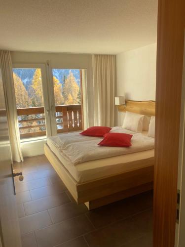 Schlafzimmer mit einem Bett mit roten Kissen und einem Fenster in der Unterkunft Apartments Castle in Blitzingen