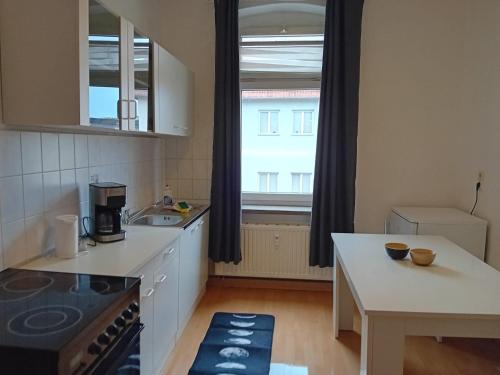 a kitchen with a sink and a stove top oven at Stellas Monteurwohnungen in Werdau