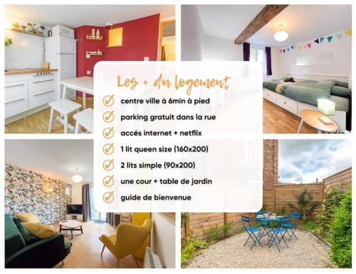 un collage de photos d'un salon et d'une cuisine dans l'établissement L'amiénoise-6min à pied du centre, à Amiens