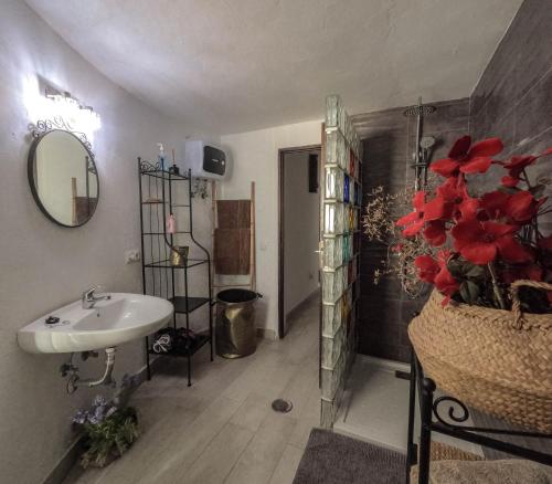 baño con lavabo y jarrón de flores rojas en Casa Oasis, en Teguise