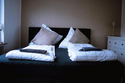a bed with two pillows on top of it at Stadtwohnung mit Stadtpark Blick in Emden