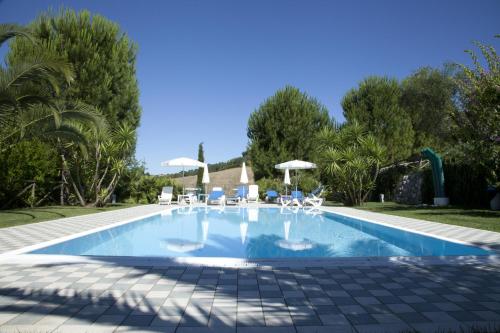 a swimming pool in a yard with chairs and trees at Agriturismo Tenuta Sol Alto in Monsampolo del Tronto