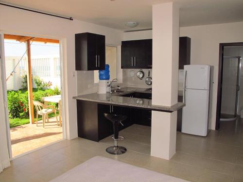 a kitchen with a counter and a refrigerator in it at Los Sonidos de las Olas in Santa Marianita