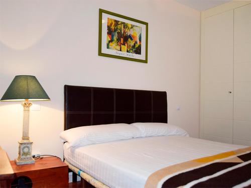 a bedroom with a bed and a lamp on a table at Apartamentos Las Margas Sabiñánigo 3000 in Sabiñánigo