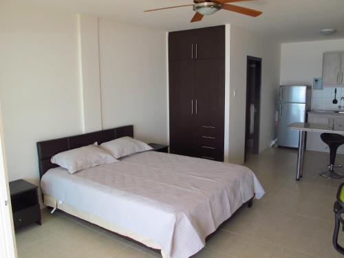 a bedroom with a bed and a ceiling fan at Los Sonidos de las Olas in Santa Marianita