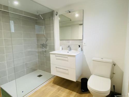een badkamer met een toilet, een wastafel en een douche bij Le haut layoule in Rodez