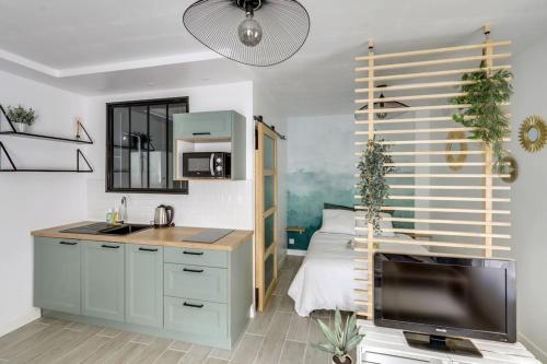 - une cuisine avec évier et une télévision dans la chambre dans l'établissement Le Globe Nantais, à Nantes