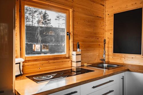 Il comprend une cuisine équipée d'une cuisinière et d'un évier. dans l'établissement CozyTiny house at lake with sauna, à Řehenice