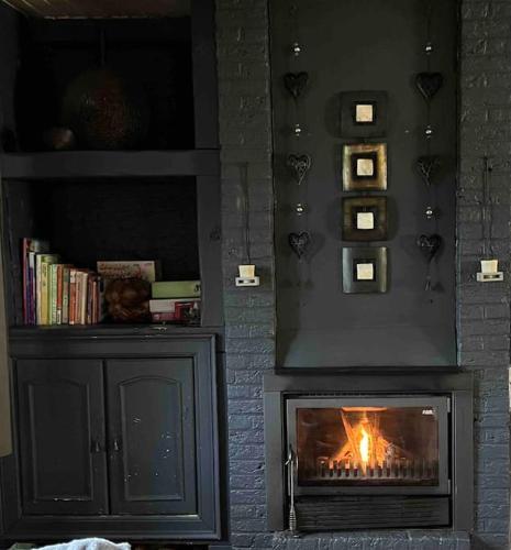 a living room with a fireplace and a book shelf at Le cocoon de Nanou in Anloy