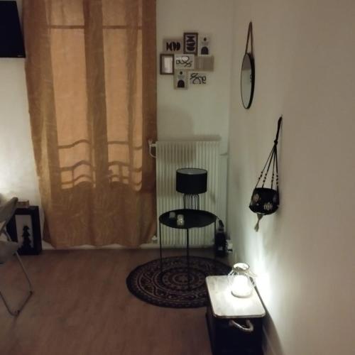 uma sala de estar com uma cadeira e um tapete em Home sweet to Paris em Clichy