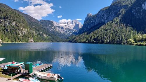 a dock with a boat on a lake with mountains at Appartement Twin Peak Edelweiss in Gosau