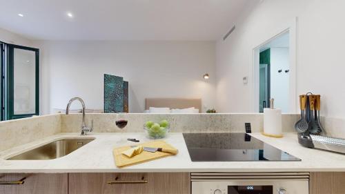 eine Küche mit Spüle und Arbeitsplatte in der Unterkunft Santa Cruz in Madrid
