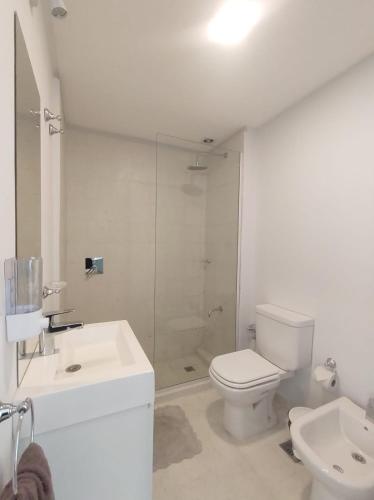a bathroom with a toilet and a sink and a shower at HERMOSO DEPARTAMENTO EN EL CENTRO DE ROSARIO in Rosario