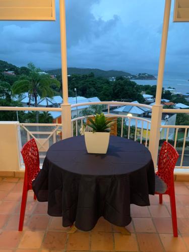 a black table with a potted plant on a balcony at Sous les tropiques in La Trinité