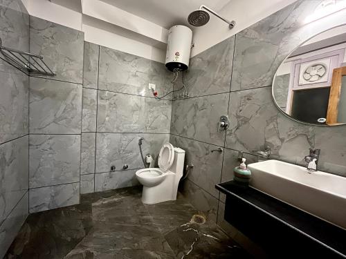 La salle de bains est pourvue de toilettes, d'un lavabo et d'un miroir. dans l'établissement Odin Hostel Kasol, à Kasol