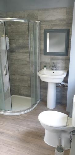 uma casa de banho com um chuveiro, um lavatório e um WC. em Welcome to Bombay House! em Hatfield