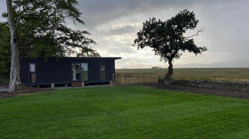 a black tiny house sitting on top of a lush green field at Patie's Hill in Penicuik
