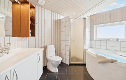 a bathroom with a tub and a toilet and a sink at 3 Bedroom Amazing Home In Stubbekøbing in Stubbekøbing