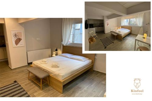two pictures of a bedroom with a bed and a desk at Design downtown suite (K2) in Larisa