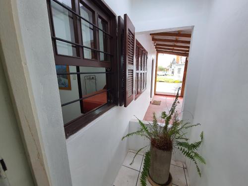 a hallway with a window and a potted plant at Casa no Centro - Perto do mar e do rio in Tramandaí