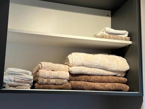 a bunch of towels are stacked in a closet at Studio de Luxo de Alta Qualidade in Sao Paulo