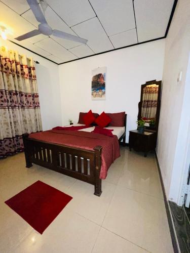 a bedroom with a large bed with red pillows at Winston Sea Front Villa in Negombo