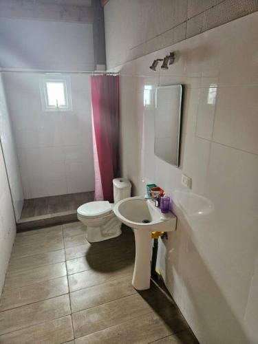 a white bathroom with a toilet and a sink at Casa Illahuapi - Lago Ranco in Lago Ranco