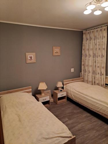 een slaapkamer met 2 bedden en 2 tafels met lampen bij 7D Apartment mit 3 Schlafzimmern in Castrop-Rauxel