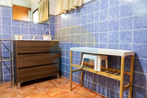 デルテブレにあるMas de Felip - Casa rural con piscina privada en el Delta - Deltavacacionesの青いタイル張りの壁、洗面台付きのバスルーム