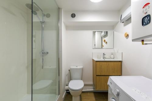 une salle de bain avec toilettes et douche en verre dans l'établissement Superbe Loft entre la gare et vieux port, à Marseille