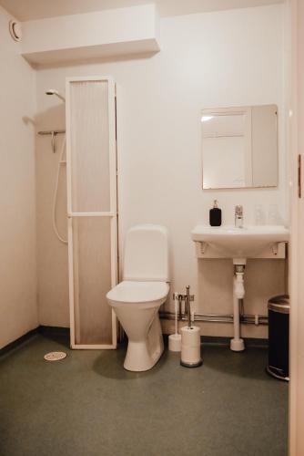 a bathroom with a toilet and a sink at Äspögården Bed & Breakfast in Klagstorp
