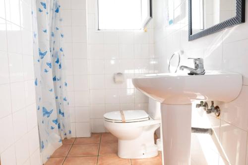 a white bathroom with a toilet and a sink at Quet - Casa rural con piscina privada en el Delta del Ebro - Deltavacaciones in Deltebre