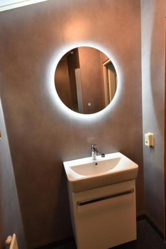 een badkamer met een wastafel en een spiegel bij Chalet Albatros in Diever