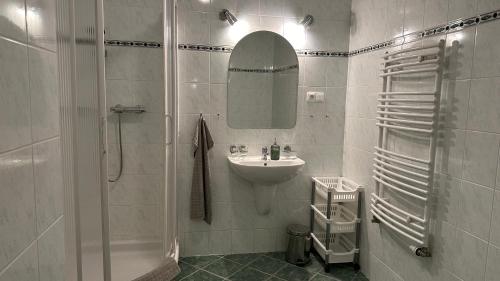 a white bathroom with a sink and a shower at Hotel Pod Vlekem in Loučná pod Klínovcem