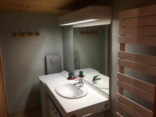 une salle de bain avec un lavabo et un miroir dans l'établissement Chalet pour 6/7 pers. proche centre avec cuisine équipée - FR-1-467-66, au Grand-Bornand