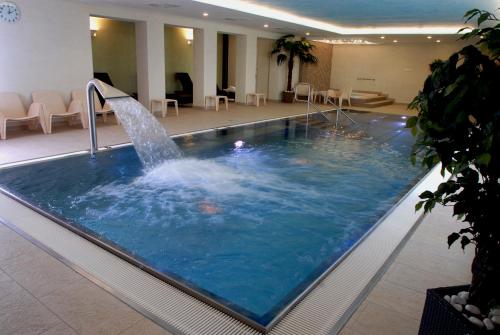 a large swimming pool with a water fountain at Hotel Karpatsky Dvor in Lozorno