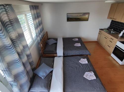 a room with two beds in a room at Sonniges Studio mit Aussicht in Oberegg