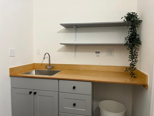 a kitchen with a sink and a wooden counter top at East Harlem Hostel in New York