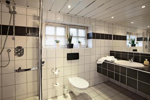 een badkamer met een toilet, een wastafel en een douche bij Hotel zum Forsthaus in Willingen