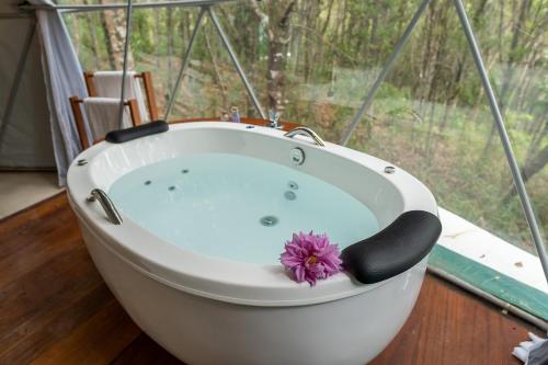 a bath tub with a purple flower in it at Pousada do Capão Chapada Diamantina in Vale do Capao