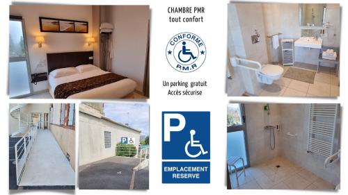 a collage of four pictures of a hotel room at Hotel le Bellevue in Guer