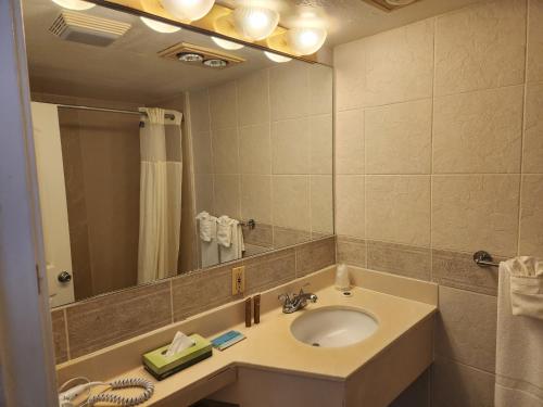 y baño con lavabo y espejo. en Hyannis Travel Inn en Hyannis