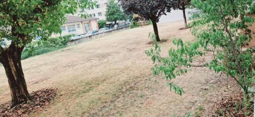 un champ avec des arbres et une maison en arrière-plan dans l'établissement Le Claudius, à Annecy