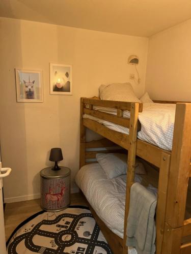 1 Schlafzimmer mit 2 Etagenbetten und einem Teppich in der Unterkunft Charmand T2 ac balcon Berger pied des pistes in L'Alpe-d'Huez