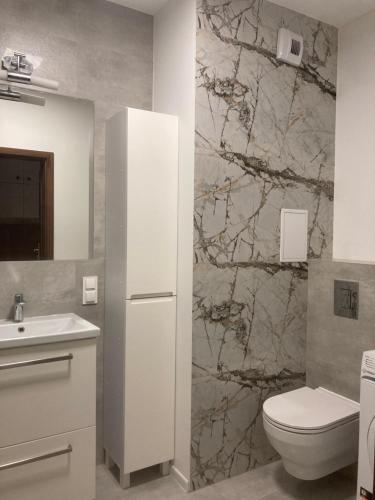 a bathroom with a toilet and a sink at Smile Apartment in Osielsko