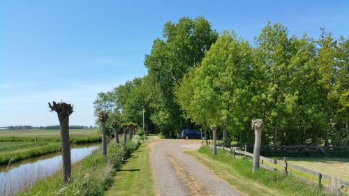 a dirt road next to a river with trees at Vakantiewoning "De Kei" in Warns