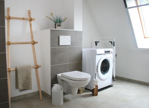 a bathroom with a toilet and a washing machine at Ferienwohnung Traumblick 